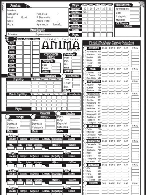 Anima Beyond Fantasy Character Sheet Animal Qbk