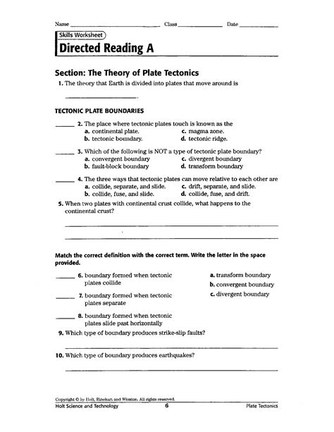 The Theory Of Plate Tectonics Worksheet Answers