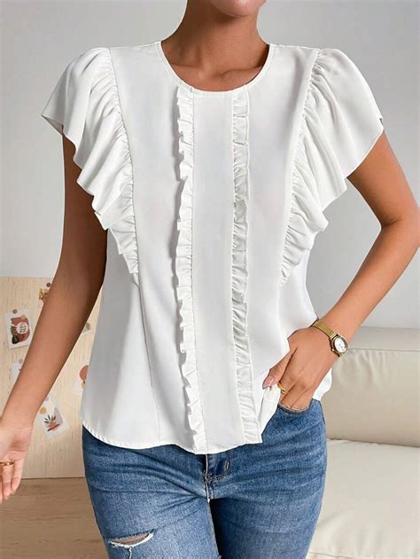 Shein Priv Blouse Unicolore Volants Mode En Ligne Shein France