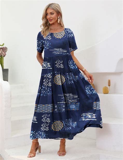 Fantaslook Summer Dresses For Women Casual Loose Maxi Bohemian Floral Dress Short Sleeve Beach