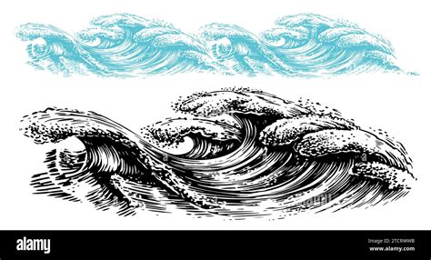 Sea Waves Vintage Vector Illustration Ocean Tidal Storm Waves