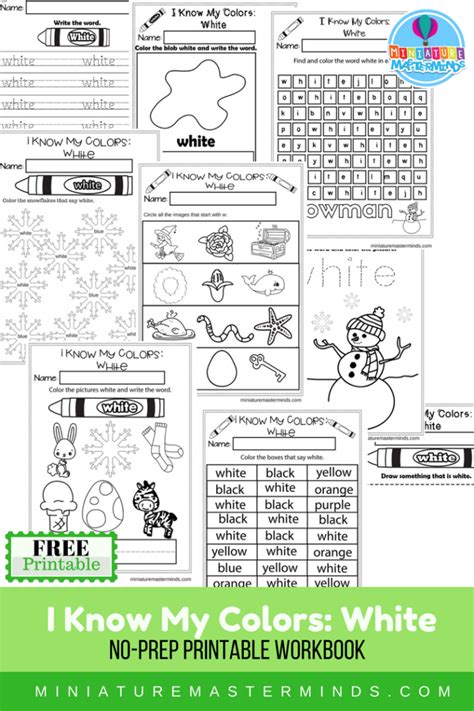 I Know My Colors Series White Free Printable No Prep 9 Page Workbook Miniature Masterminds