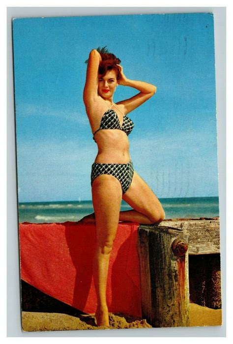 Vintage 1966 Postcard Bikini Redhead Girl Poses At The Beach Miami Florida United States