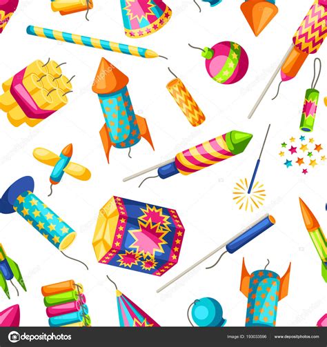 Seamless Pattern With Colorful Fireworks Different Types Of