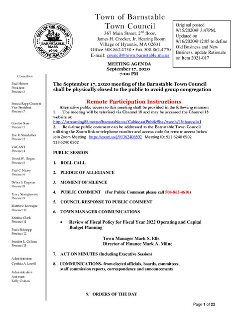 Fillable Online Agendaremote Pdf Town Of Barnstable Fax