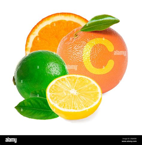 Source of Vitamin C. Different citrus fruits with leaves on white ...