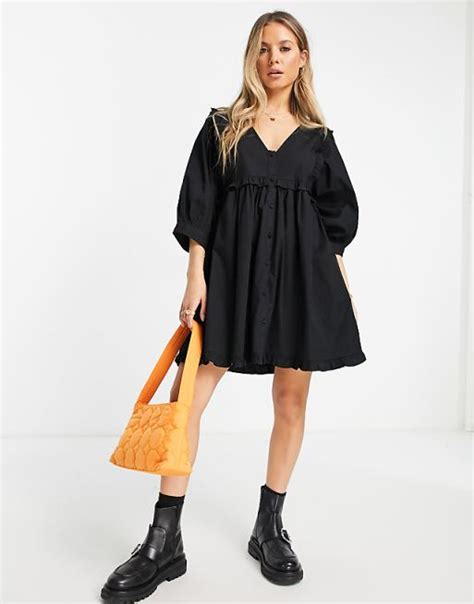 Asos Design Frill V Neck Cotton Button Through Mini Smock Dress In