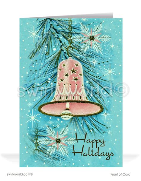 1950s Atomic Age Pink And Aqua Blue Mid Century Mod Bell Ornament On Tree Christmas Holiday Cards