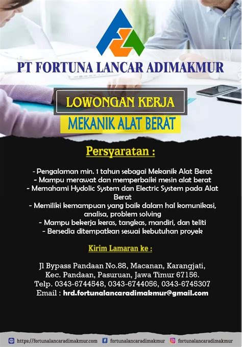 Broshur Lowongan Kerja Mekanik Alatberat Pt Fortuna Lancar Adimakmur