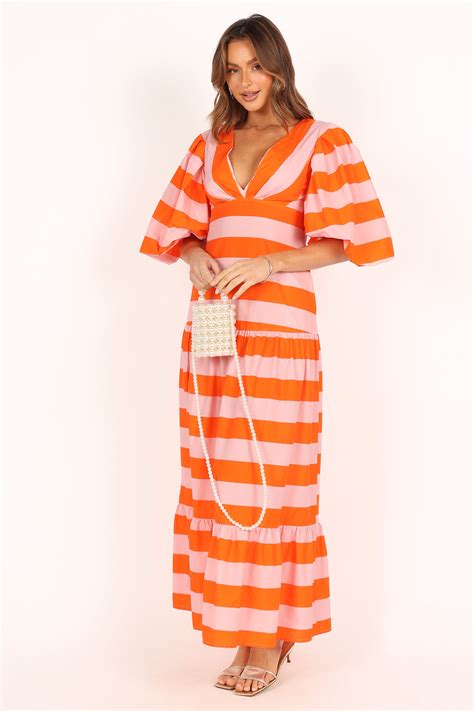 Lucia Puff Sleeve Maxi Dress Pink Stripe Ecamshop