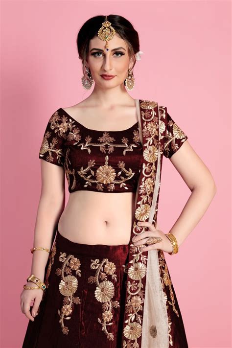 Maroon Velvet Silk Indian Wedding Wear Lehenga Choli 742