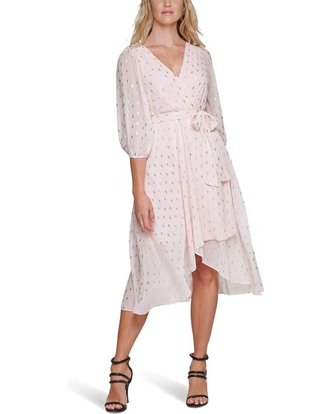 DKNY V Neck Faux Wrap Dress With Balloon Sleeve Zappos