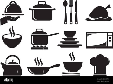 Black And White Vector Icons Of Kitchen Utensils And Equipment For