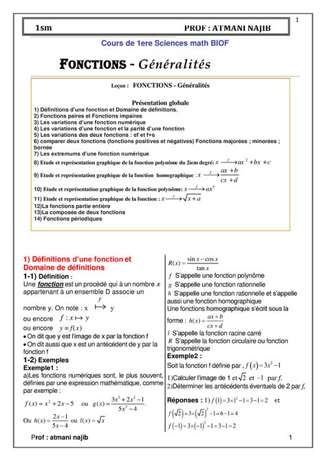 Generalites Sur Les Fonctions Cours Et Exercices Corriges 1bac Biof