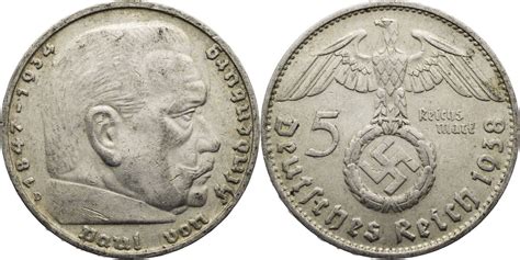 Drittes Reich 5 Reichsmark 1938 D Hindenburg Kursmünze 1936 1939 ss