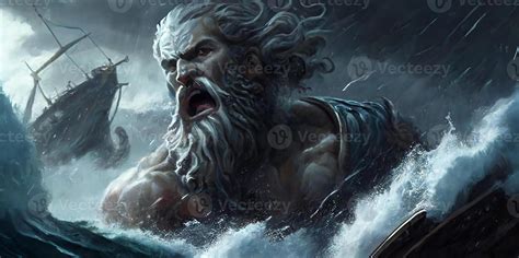 Poseidon in a rage sinks the ship during a violent storm. Art ...