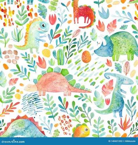 Hand Drawn Seamless Pattern With Dinosaurs And Floral Elements Cute