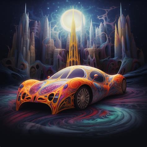 Premium AI Image Brightly Colored Car In A Surreal Scene With A Full