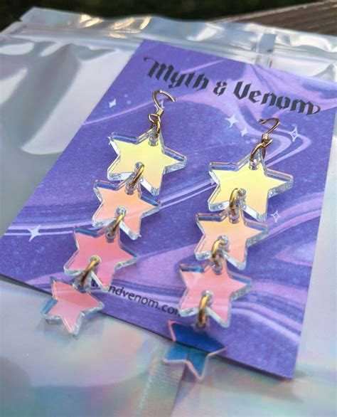 Star Iridescent Waterfall Drop Earrings Acrylic Celestial Lightweight