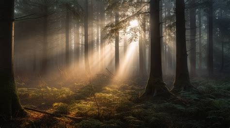 An Ethereal Desktop Wallpaper Featuring A Misty Forest With Rays Of