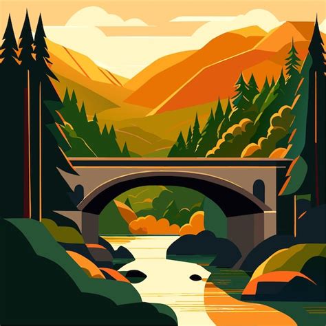 Puente De Piedra Sobre El R O En La Ilustraci N Vectorial Del Bosque En