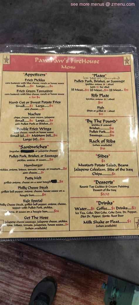 Online Menu Of Paw Paws Firehouse Cafe Restaurant Round Top Texas