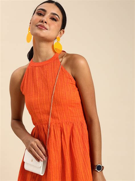 Buy Anouk Women Orange Striped Halter Neck Pure Cotton Ethnic A Line