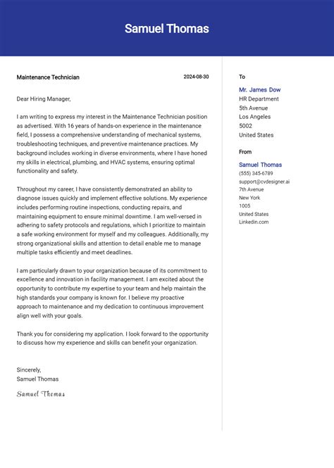 Maintenance Technician Cover Letter Example For Complete