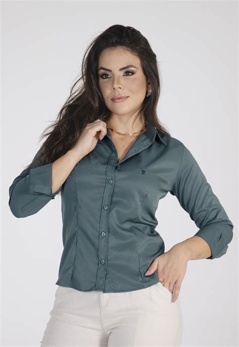 Camisa Social Feminina Manga Longa Verde Musgo