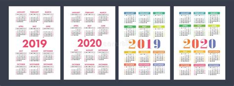 Calendario 2019 2020 2021 Años Sistema Colorido Del Vector Comienzo