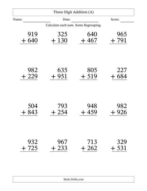 Large Print 3 Digit Plus 3 Digit Addition With Some Regrouping A