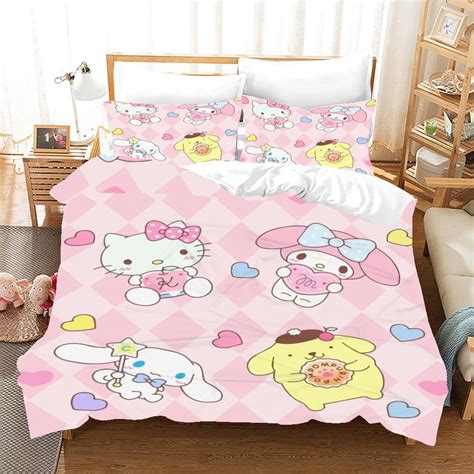 Hello Kitty Bed Set Cotton Sanrios Cute Bed Sheets Cartoon Bed Comfort