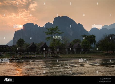 Empty Waterfront Restaurant And Bungalows By The Nam Song River And