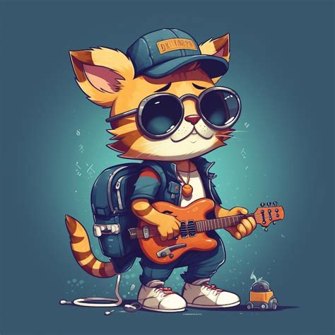 Lindo Y Peculiar Gato Tocando La Guitarra El Ctrica Con Gafas De Sol Y