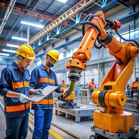 A large orange robotic arm operates alongside two workers wearing hard