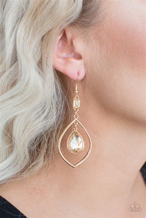 Priceless Gold Rhinestone Teardrop Earrings Paparazzi Accessories