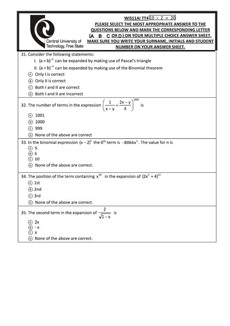 Tt4 S1 2017 T Mr Brian Wis11ai Tt 4 10 × 2 20 Please Select The Most Appropriate Answer To