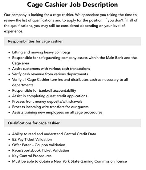 Cage Cashier Job Description | Velvet Jobs