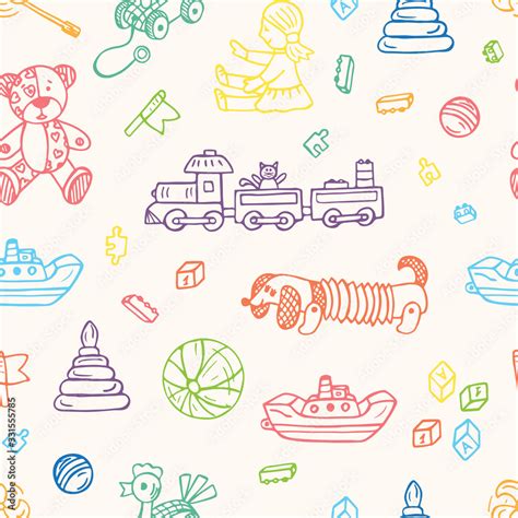 Toys doodle seamless pattern. Colorful Kids background. Endless ...