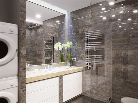 Modern Bathroom Interior Design With Brown And Beige Marble Tile Stock