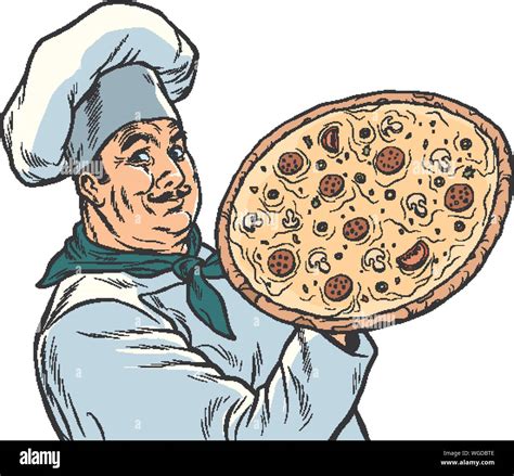 Italian Chef With Pizza Pop Art Retro Vector Illustration Drawing