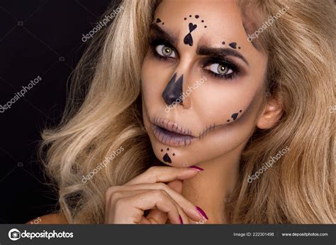 Sexy Blonde Woman Halloween Makeup Leather Outfit Black Background Studio Stock Photo By