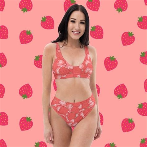 Kawaii Strawberry Bikini Pastel Pink Ecofriendly High Waisted Etsy