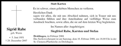 Trauer Und Todesanzeigen Von Sigrid Rabe Trauer De