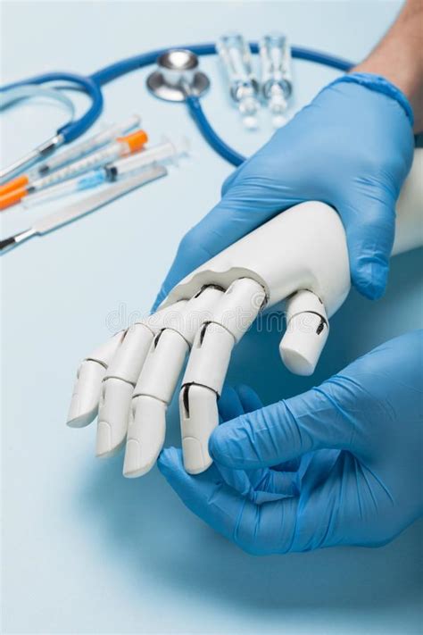 Artificial Robotic Prosthesis Doctor Holds Cyber Hand Foto De Archivo