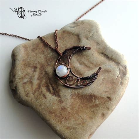 Wire Wrapped Moon Necklace With Moonstone Bead Crescent Moon Etsy