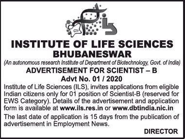 Institute Of Life Sciences Bhubaneswar Odisha Wanted Scientist - B ...