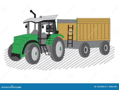 A Isolated Tractor With A Wooden Empty Trailer On A White Background