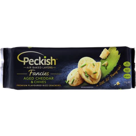 Peckish Fancies Premium Flavoured Rice Crackers Aged Cheddar And Chives 90g Minlaton Foodland