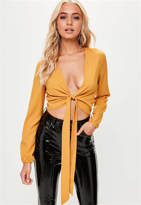 Missguided Yellow Tie Front Crop Top Long Sleeve Tops Casual Tie Front Crop Top Crop Tops